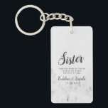 Frosted Pines Rustic White Mountains Sister Quote Key Ring<br><div class="desc">Frosted Pines Rustic White Mountain Range Snowy Winter Design with Hand Painted Pine Trees, Watercolor Paper Texture Background, and White Grey and Black muted colour palette. Perfect for a winter wedding, or outdoor lodge venue With modern chic brush script fonts, and simple minimalist background - Sister Heartfelt Quote Keepsake Keychain!...</div>