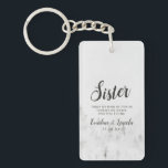 Frosted Pines Rustic White Mountains Sister Quote Key Ring<br><div class="desc">Frosted Pines Rustic White Mountain Range Snowy Winter Design with Hand Painted Pine Trees, Watercolor Paper Texture Background, and White Grey and Black muted colour palette. Perfect for a winter wedding, or outdoor lodge venue With modern chic brush script fonts, and simple minimalist background - Sister Heartfelt Quote Keepsake Keychain!...</div>