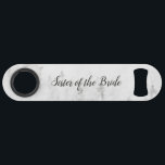 Frosted Pines Rustic White Sister of the Bride<br><div class="desc">Frosted Pines Rustic White Mountain Range Snowy Winter Design with Hand Painted Pine Trees, Watercolor Paper Texture Background, and White Grey and Black muted colour palette. Perfect for a winter wedding, or outdoor lodge venue With modern chic brush script fonts, and simple minimalist background - Sister Bottle Opener! ~ Check...</div>