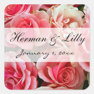Frosted Pink Roses Personalised Wedding Square Sticker
