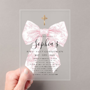 FROSTED Pink Toile Bow Cross Girl First Communion Acrylic Invitations