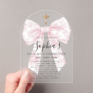 FROSTED Pink Toile Bow Girl First Communion Arch  Acrylic Invitations