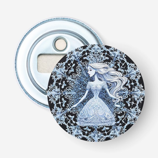 Frosted Princess Surrounded by Intricate Snowflake Bottle Opener (Front)