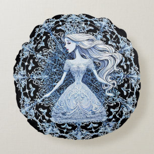 Frosted Princess Surrounded by Intricate Snowflake Round Cushion
