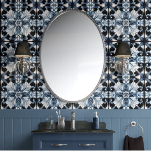 Frosted Regal Bloom Blue White Black Traditional  Wallpaper