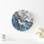 Frosted Reindeer Christmas Scene Large Clock<br><div class="desc">A beautifully crafted clock showcases an elegant white reindeer with majestic antlers,  set against a swirl of icy blue and white textures. The intricate details and shimmering accents evoke a serene winter ambiance,  perfect for the holiday spirit.</div>
