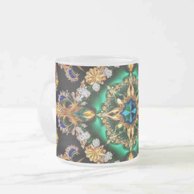 Frosted small glass mug with Brazilian Colours (Front Left)
