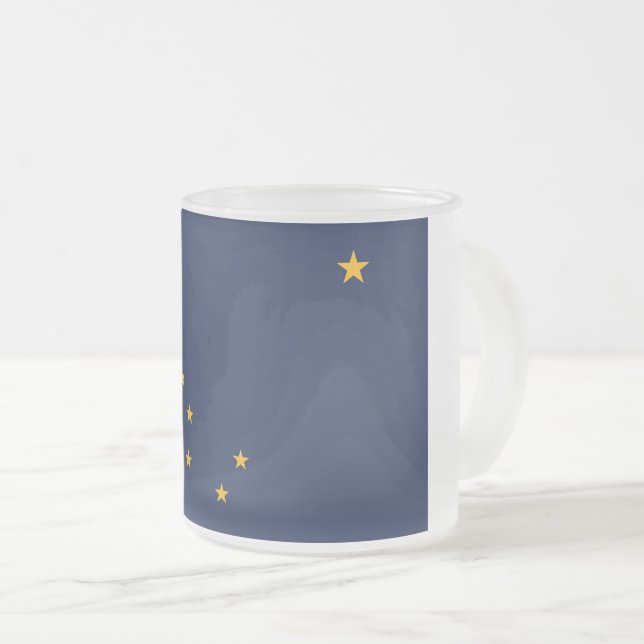 Frosted small glass mug with flag of Alaska, USA (Front Right)