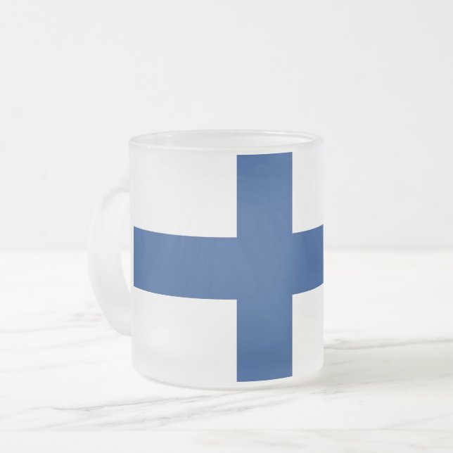 Frosted small glass mug with flag of Finland (Front Left)