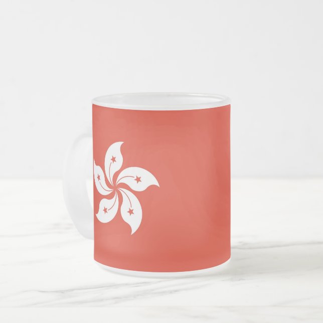 Frosted small glass mug with flag of Hong Kong (Front Left)