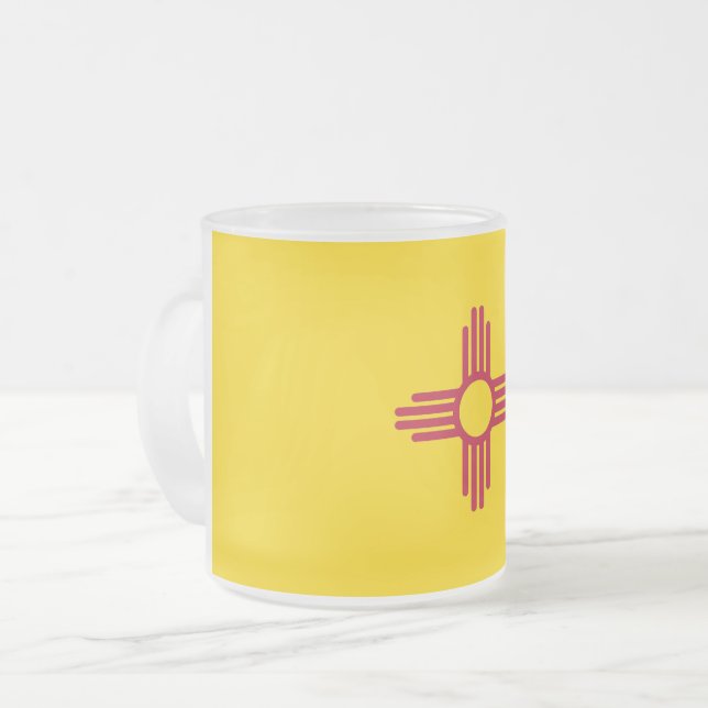 Frosted small glass mug with flag of New Mexico (Front Left)