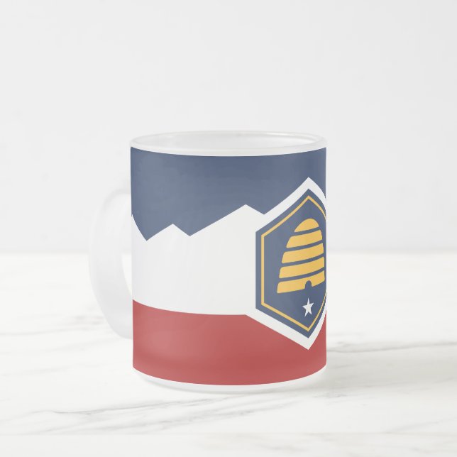 Frosted small glass mug with flag of Utah, USA (Front Left)