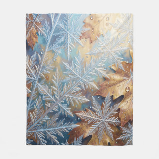 Frosted Snowflake Crystals Golden Autumn Leaves Fleece Blanket