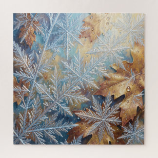 Frosted Snowflake Crystals Golden Autumn Leaves Jigsaw Puzzle