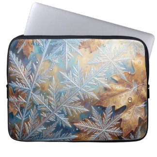 Frosted Snowflake Crystals Golden Autumn Leaves Laptop Sleeve