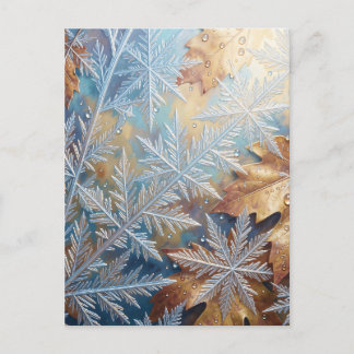Frosted Snowflake Crystals Golden Autumn Leaves Postcard
