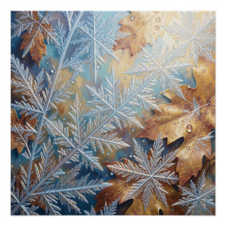 Frosted Snowflake Crystals Golden Autumn Leaves Poster