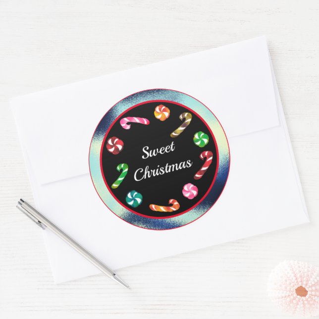 Frosted Sweet Christmas Candy Cane and Mint Classic Round Sticker (Envelope)