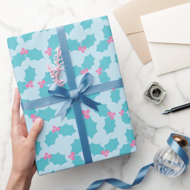 Frosted Turquoise Mistletoe Pink Berries Blue  Wrapping Paper (Gifting)
