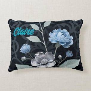 Frosted Winter Floral, Icy Blue & Silver Pattern R Decorative Cushion