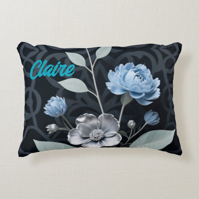 Frosted Winter Floral, Icy Blue & Silver Pattern R Decorative Cushion (Front)