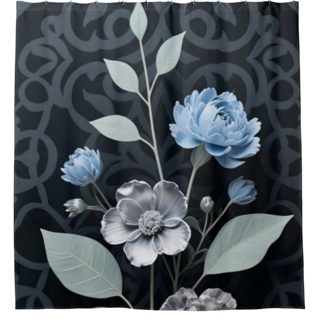 Frosted Winter Floral, Icy Blue & Silver Pattern Shower Curtain (Front)