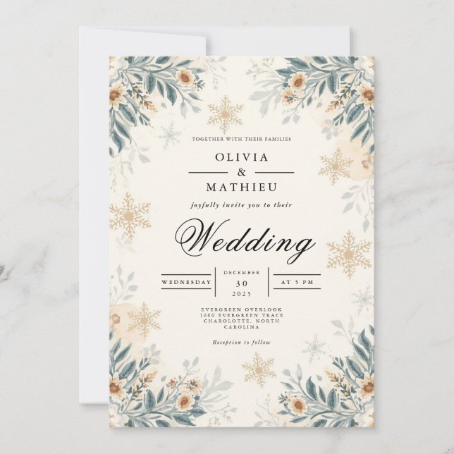 Frosted Winter Floral Wedding Invitation (Front)