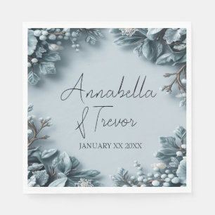 Frosted Winter Florals Custom Name Wedding Napkin