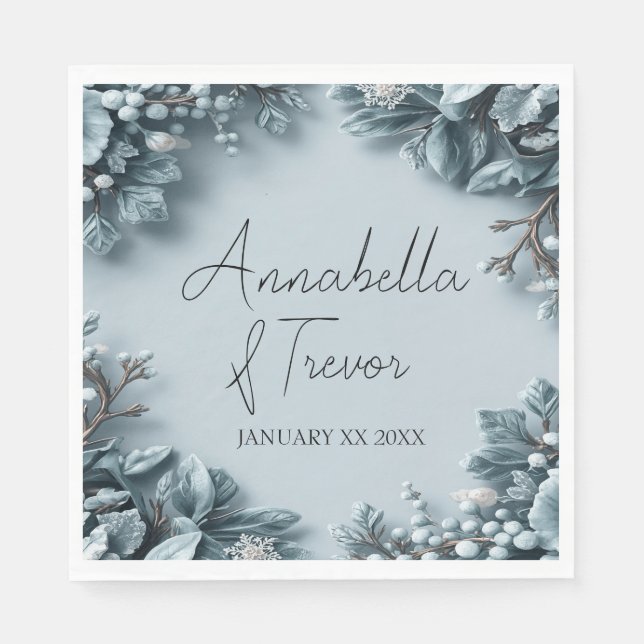 Frosted Winter Florals Custom Name Wedding Napkin (Front)