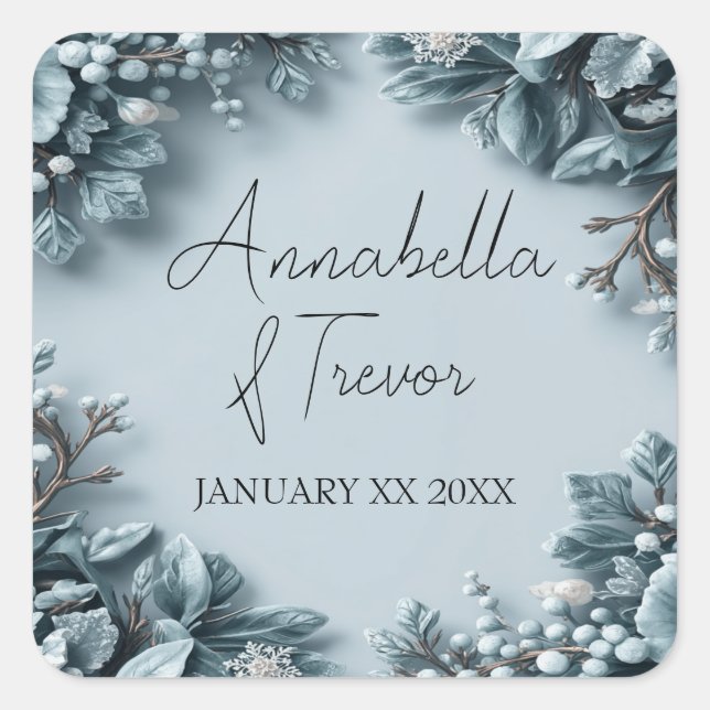 Frosted Winter Florals Custom Name Wedding Square Sticker (Front)