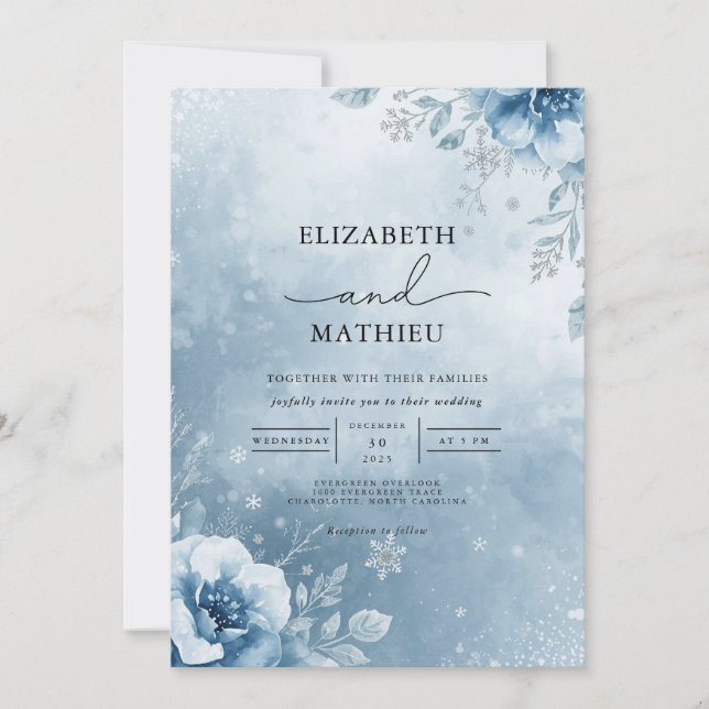 Frosty Azure Floral Wedding Invitation (Front)