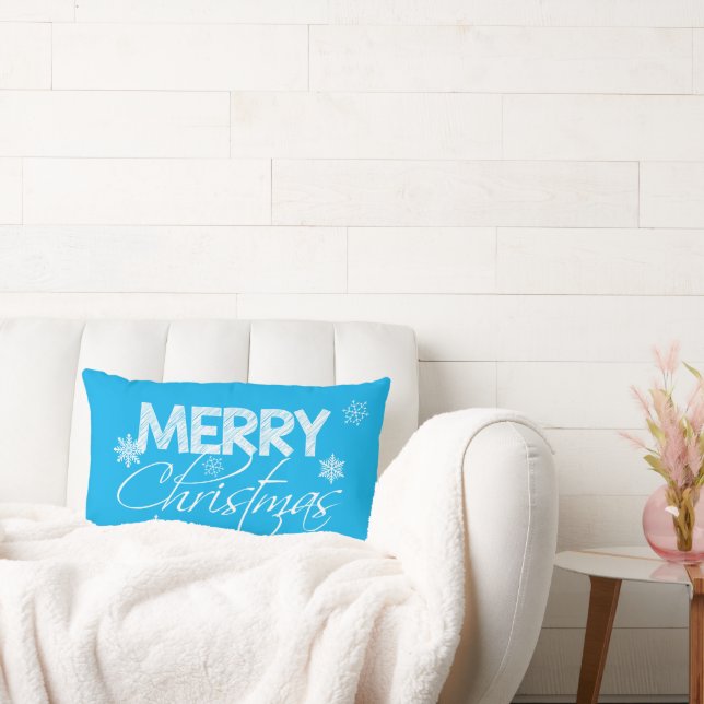 Frosty Blue and White Snowflakes | Merry Christmas Lumbar Cushion (Couch)