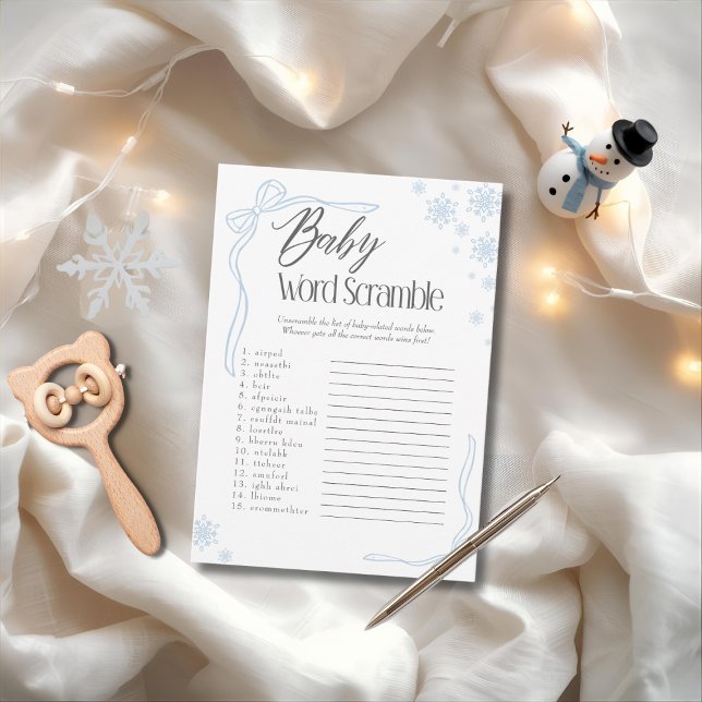 Frosty  Blue Bow Baby Word Scramble Game  Invitation (Frosty Blue Bow Baby Word Scramble Game)