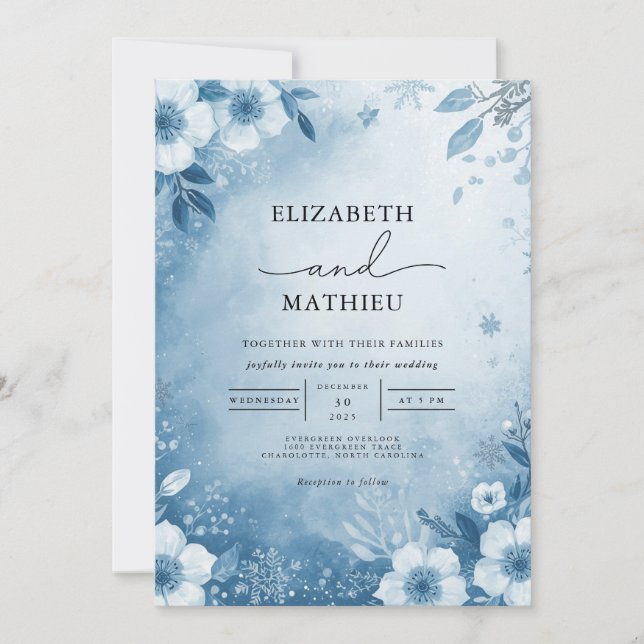 Frosty Blue Floral Bloom Wedding Invitation (Front)