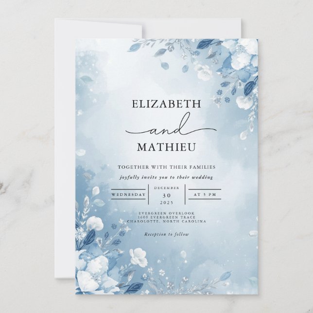 Frosty Blue Floral Wash Wedding Invitation (Front)