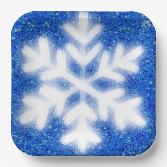 Frosty blue North Pole snowflakes | sparkling snow Paper Plate (Front)