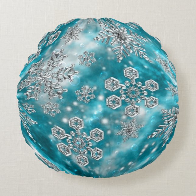 Frosty Blue Snowflake Bubble Throw Pillow (Front)