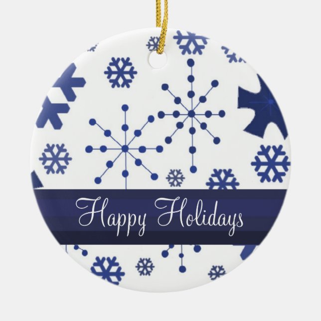 Frosty Blue Snowflakes Ceramic Tree Decoration (Front)