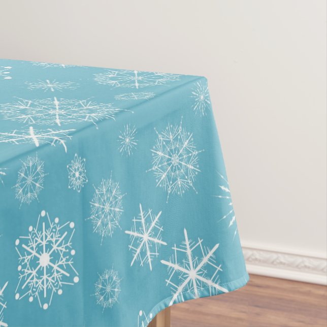 Frosty Blue Snowflakes Winter Holidays Celebration Tablecloth (In Situ)