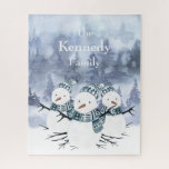 Frosty Blue Snowmen Family Puzzle<br><div class="desc">This jigsaw puzzle features a watercolor design snowman trio on a soft blue watercolor wash forest background. Add your family's name to personalise it. Makes a great holiday gift. Created by Simply Farmhouse Press.</div>