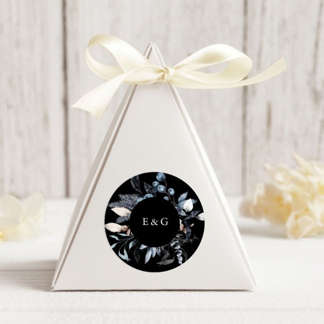 Frosty Blue Winter Floral Monogram Wedding Classic Round Sticker (Creator Uploaded)