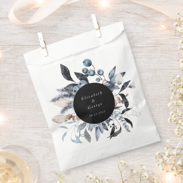 Frosty Blue Winter Floral Monogram Wedding Favour Bags (Clipped)