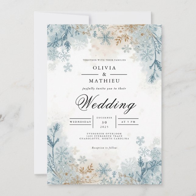 Frosty Blue Winter Flourish Wedding Invitation (Front)