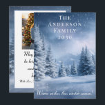 Frosty Blue Winter Landscape Holiday Christmas Card<br><div class="desc">Capture the magic of the season with this stunning, customizable holiday card design. Set against a breathtaking backdrop of frost-covered pine trees and a starry midnight-blue sky, this template combines natural beauty with modern elegance. The layout features a dedicated space for a cherished family photo (shown on the left), allowing...</div>