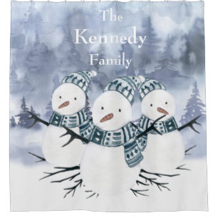 Frosty Blue Winter Snowmen Family Shower Curtain