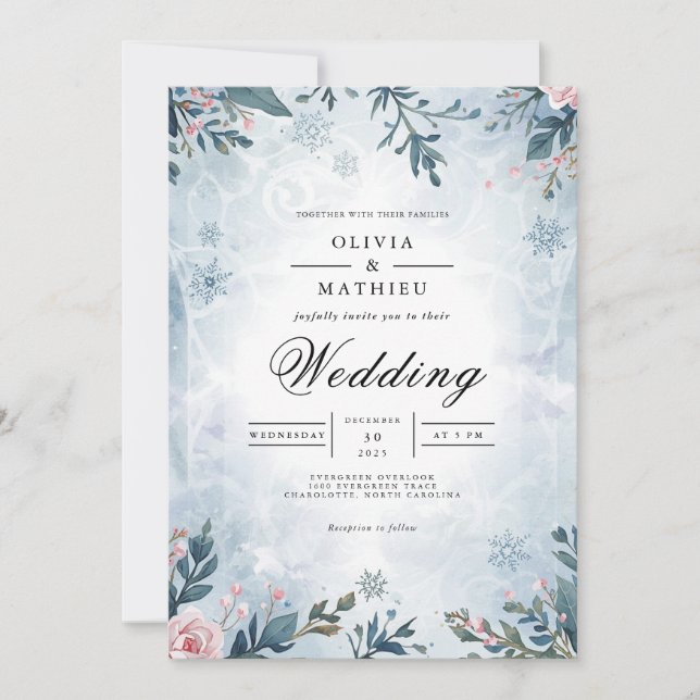 Frosty Branch Floral Winter Wedding Invitation (Front)