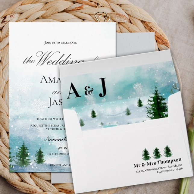 Frosty Christmas Tree Winter Wedding Invitation Envelope (Cute Frosty Christmas Tree Winter Morning Wedding Envelope)