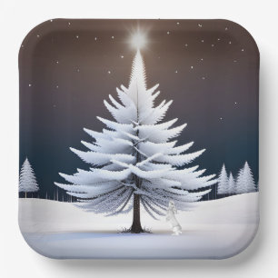 Frosty Christmas Tree With Bunny Paper Plate