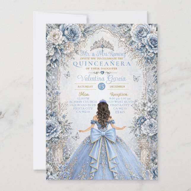 Frosty Dusty Blue Silver Quinceañera Invitation (Front)