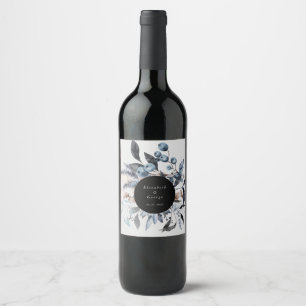 frosty dusty blue winter floral monogram wedding wine label